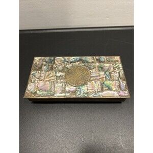 Vintage Abalone Mother Of Pearl Box With Aztec Mayan Sun Calendar Mexico Metal
